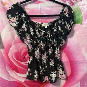 No Comment -  Black and Pink Floral Blouse Size L